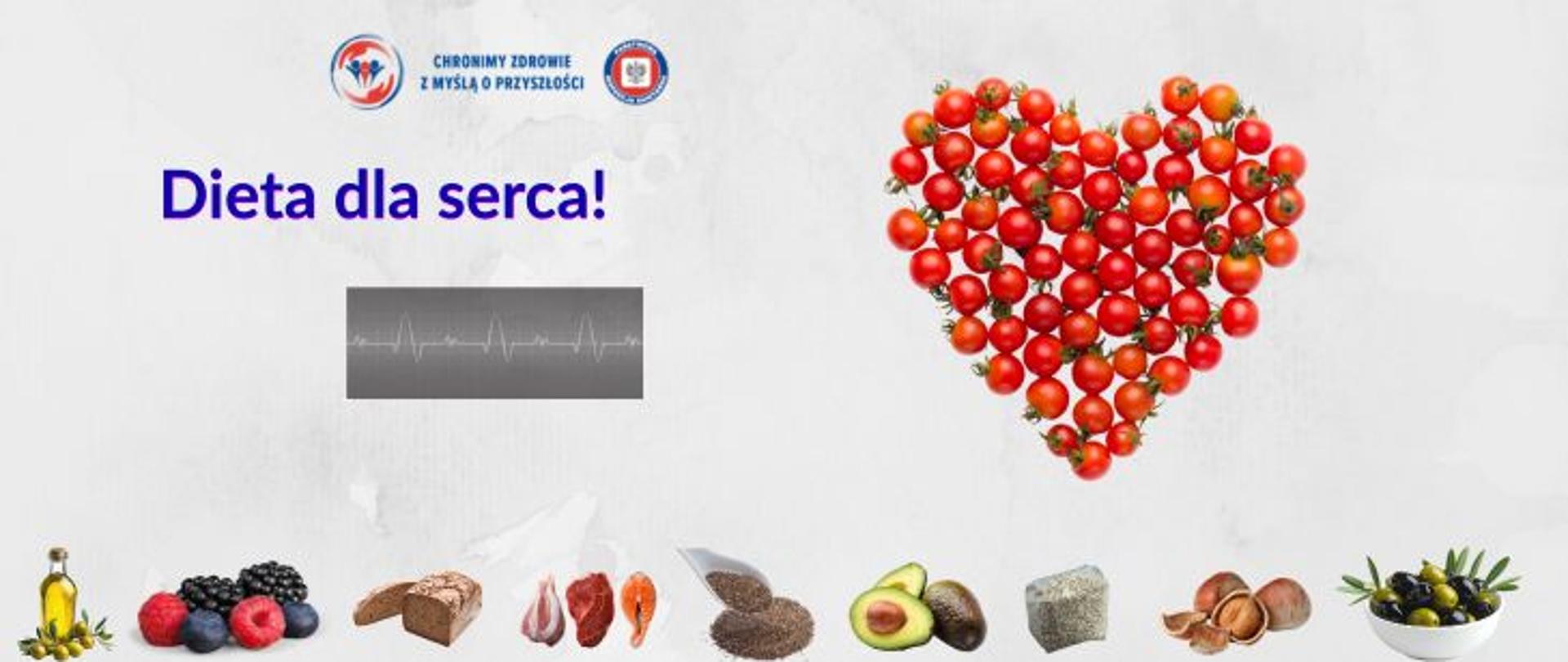 Na szarym tle po prawej stronie czerwone serce ułożone z pomidorków koktajlowych. Po lewej stronie ciemny napis Dieta dla sera, powyżej logo Państwowej Inspekcji Sanitarnej wraz z hasłem: chronimy zdrowie z myślą o przyszłości. Pod hasłem wydruk z kardiomonitora. Na dole grafiki grafiki przedstawiające prozdrowotne produkty spożywcze. od lewej: oliwa z oliwek, owoce jagodowe, ciemne pieczywo, chude mięso, siemię lnianie, awokado, kasza jęczmienna, orzechy, oliwki. 