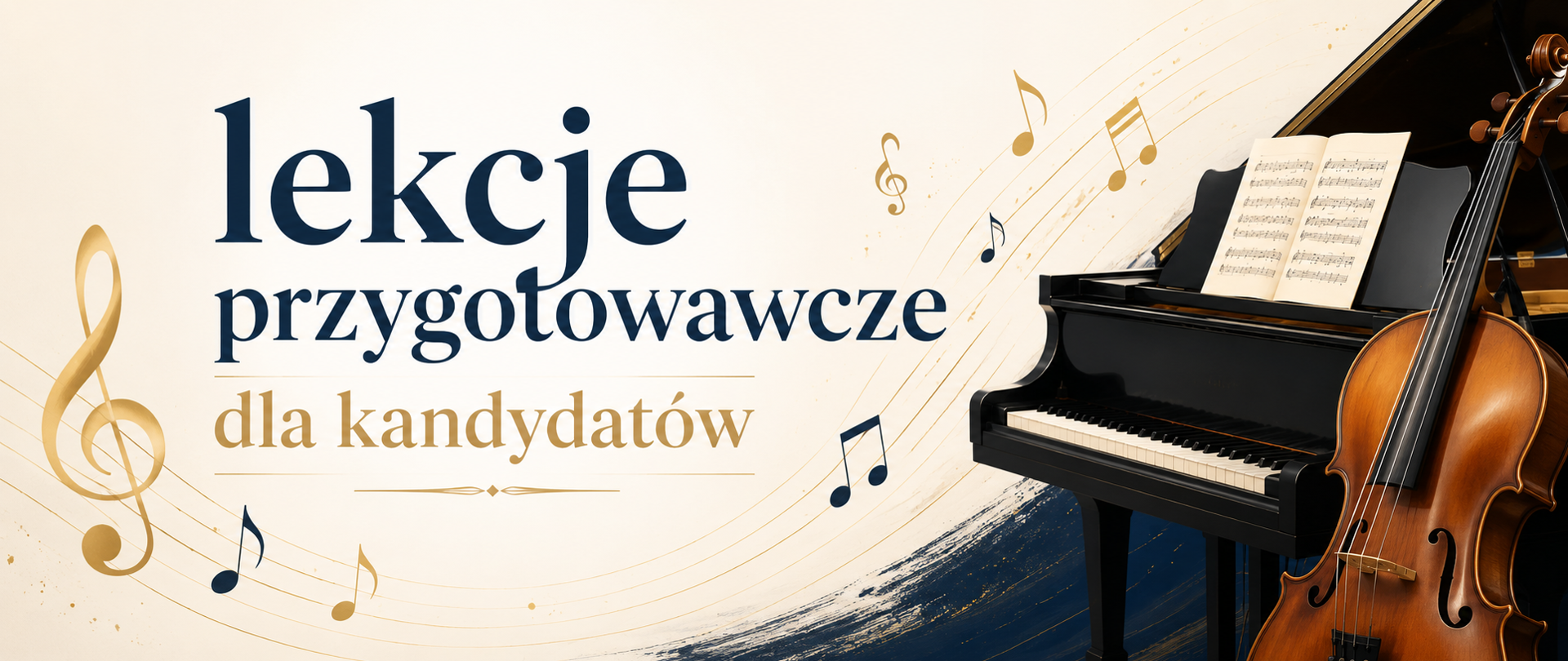 Baner promujący lekcje przygotowawcze dla kandydatów do szkoły muzycznej. Na jasnym, eleganckim tle widoczny jest duży napis „lekcje przygotowawcze dla kandydatów” w granatowo-złotej kolorystyce. Po prawej stronie znajduje się fortepian z otwartymi nutami oraz wiolonczela, a całość uzupełniają unoszące się nuty i symbole muzyczne, nadające grafice klasyczny i artystyczny charakter.