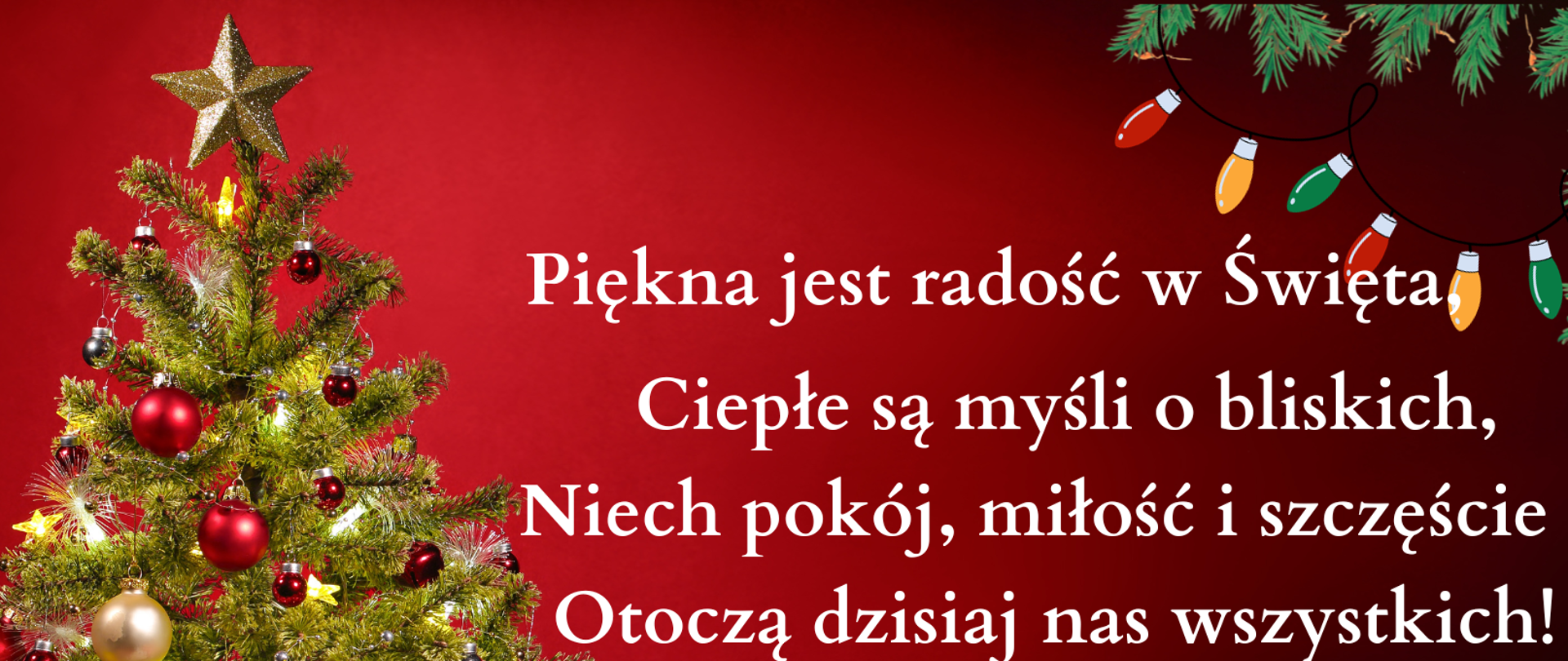Zdjęcie przedstawia na czerwonym tle od lewej strony przystrojoną choinkę z kolorowymi prezentami pod nią. Następnie - życzenia świąteczno-noworoczne oraz wskazanie, że składa je dyrektor oraz społeczność Państwowej Szkoły Muzycznej I stopnia w Oławie. W prawym górnym rogu znajduje się ozdobny narożnik ze świerkowych gałązek oraz kolorowych lampek choinkowych.