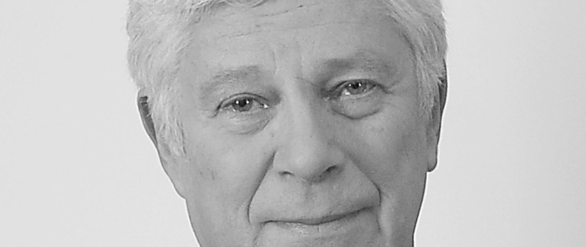 Stefan Meller czarno - biały portret mężczyzny, siwe włosy, ciemna marynarka w paski, ciemny krawat w paski, biała koszula w paski.