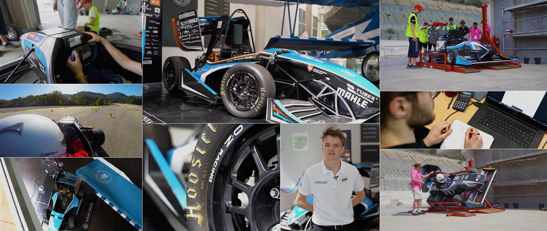 Kolaż kilku zdjęć przedstawiających wyścigowy samochód z różnych ujęć.
