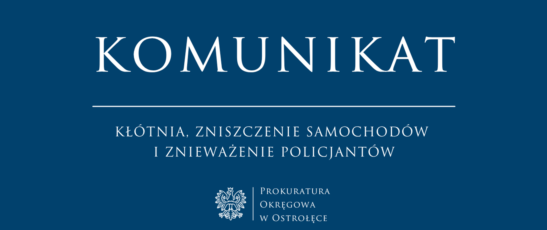 Biały napis Komunikat - KŁÓTNIA, ZNISZCZENIE SAMOCHODÓW I ZNIEWAŻENIE POLICJANTÓW na niebieskim tle.