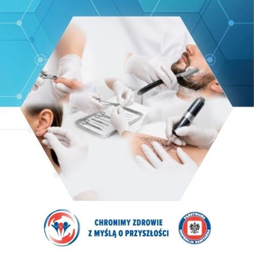 grafika z elementami dekoracyjnymi, hasłem czego dotyczą zalecenia oraz zdjęciem rąk w rękawiczkach wykonujących zabiegi beauty