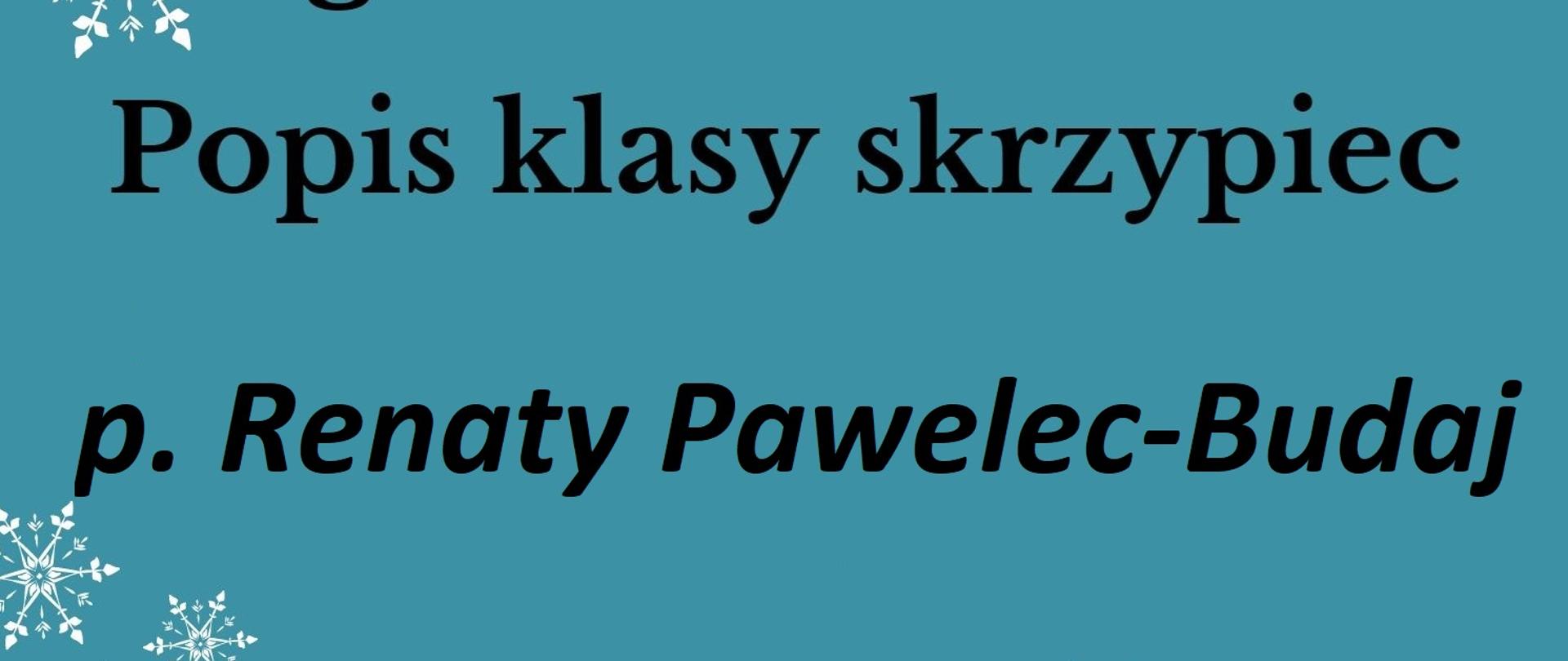 Grafika ma jasne niebieskie tło. U góry ozdobna linia w kształcie śnieżynki - biała. W prawym górnym rogu cztery białe śnieżki, pod linią napis: "sala koncertowa 18.12.2023 godzina 17:00". Po lewej stronie znajduje się biała śnieżynka. Pod spodem jest kolejny napis: "Popis klasy skrzypiec pani Renaty Pawelec-Budaj". Pod czarnym napisem znajdują się białe kartki zapisane nutami, na nich leżą brązowe skrzypce razem ze smyczkiem. Otoczone są białymi śnieżynkami, na samym dole strony widnieje biała ozdobna linia taka sama jak na początku grafiki.