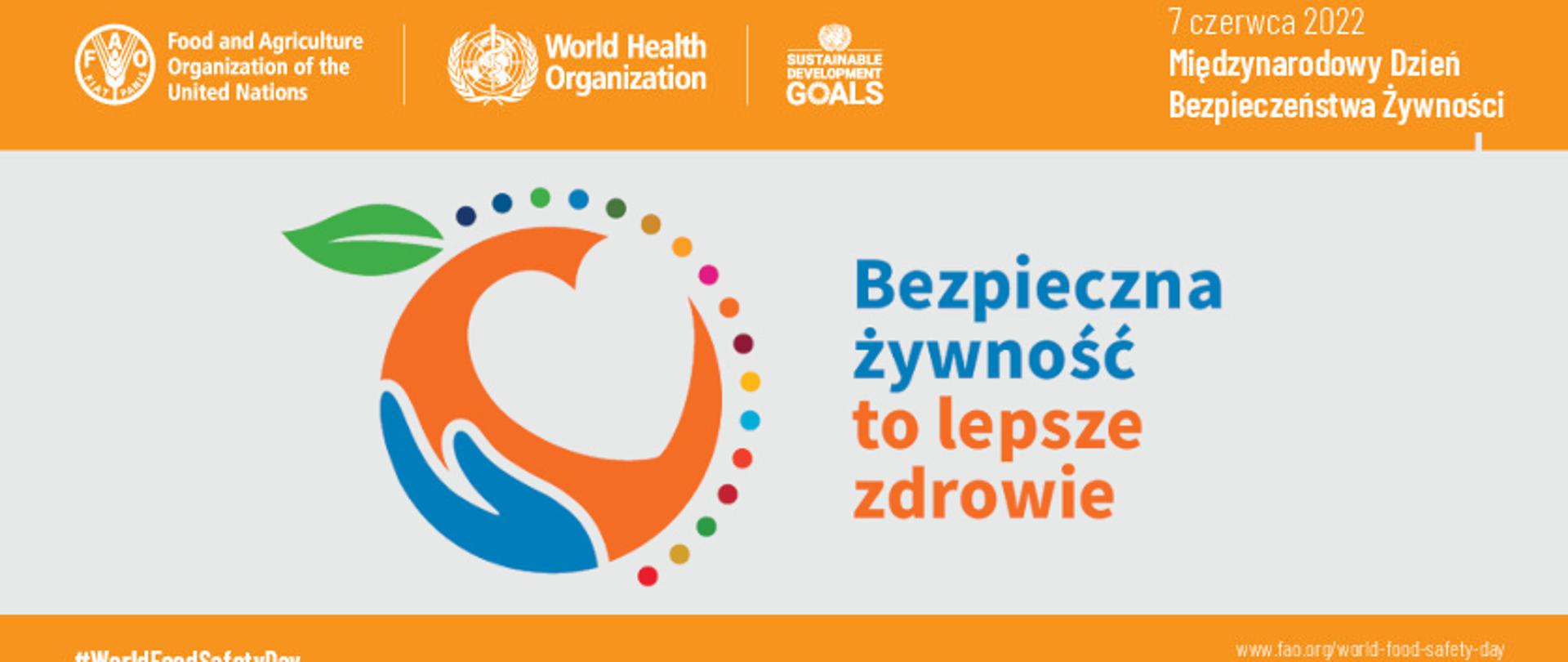 Grafika promująca Międzynarodowy Dzień Bezpieczeństwa Żywności. Grafika jest podzielona na trzy części. Na górze na pasku znajdują się logotypy: Food and Agriculture Organization of the United Nations, World Health Organization, Sustainable Development Goals, hasło - 7 czerwca 2022 Międzynarodowy Dzień Bezpieczeństwa Żywności. W środkowej części plakatu znajduje się grafika przedstawiająca symbolicznie kulę ziemską i składająca się z dłoni, serca i kolorowych kropek z prawej strony kuli ziemskiej. Obok grafiki hasło - bezpieczna żywność to lepsze zdrowie. Na pasku na dole znajdują się napisy: #WorldFoodSafetyDay, www.fao.org/world-food-safety-day, www.who.int/world-food-safety-day.