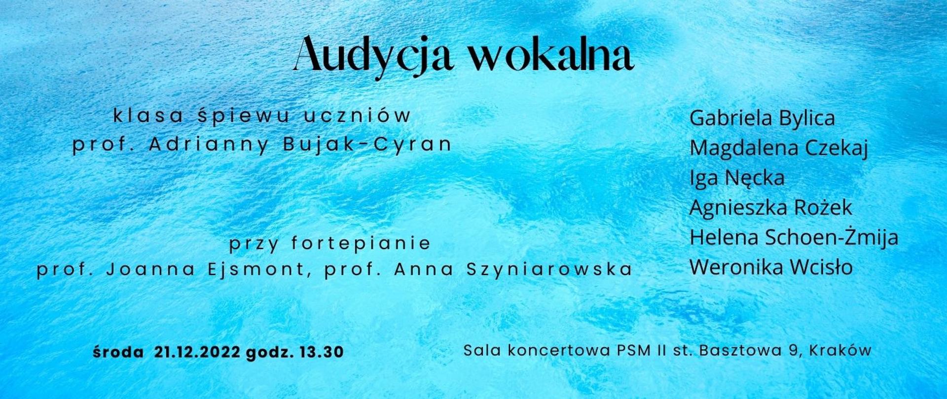 Plakat na niebieskim tle motyw woda napis audycja wokalna klasa śpiewu uczniów prof. Adrianny Bujak Cyran 21.12.2022 godz. 13.30