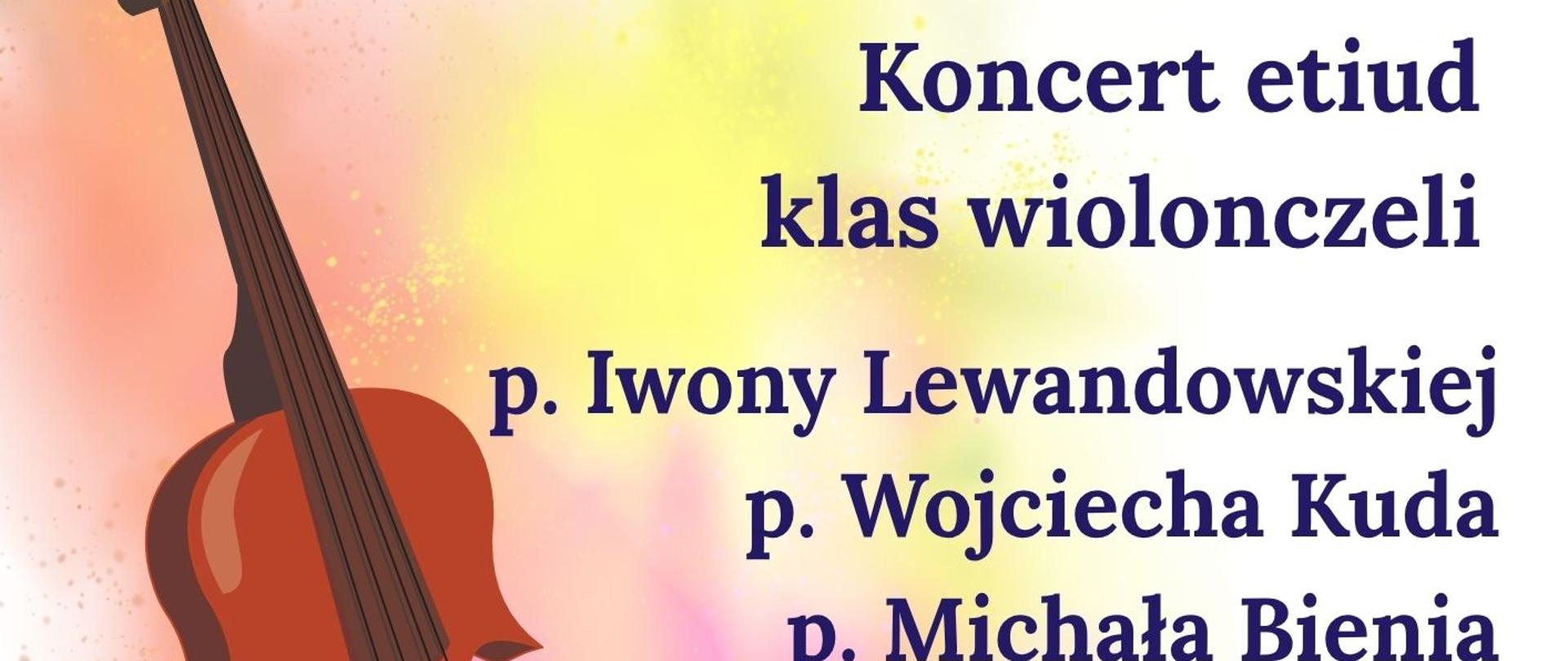 Plakat z okazji 80-lecia Zespołu Szkół Muzycznych im. Stanisława Moniuszki w Wałbrzychu zapraszający na koncert etiud klas wiolonczeli. Na kolorowym tle z rozpryskami farby jest ilustracja wiolonczeli i smyczka. W centrum plakatu widnieje informacja o koncercie klas prowadzonych przez panie Iwonę Lewandowską, Wojciecha Kudę i Michała Bienia, który odbędzie się 13 listopada 2025 roku o godz. 17:30 w auli szkoły przy ulicy Piętnastolecia 24.