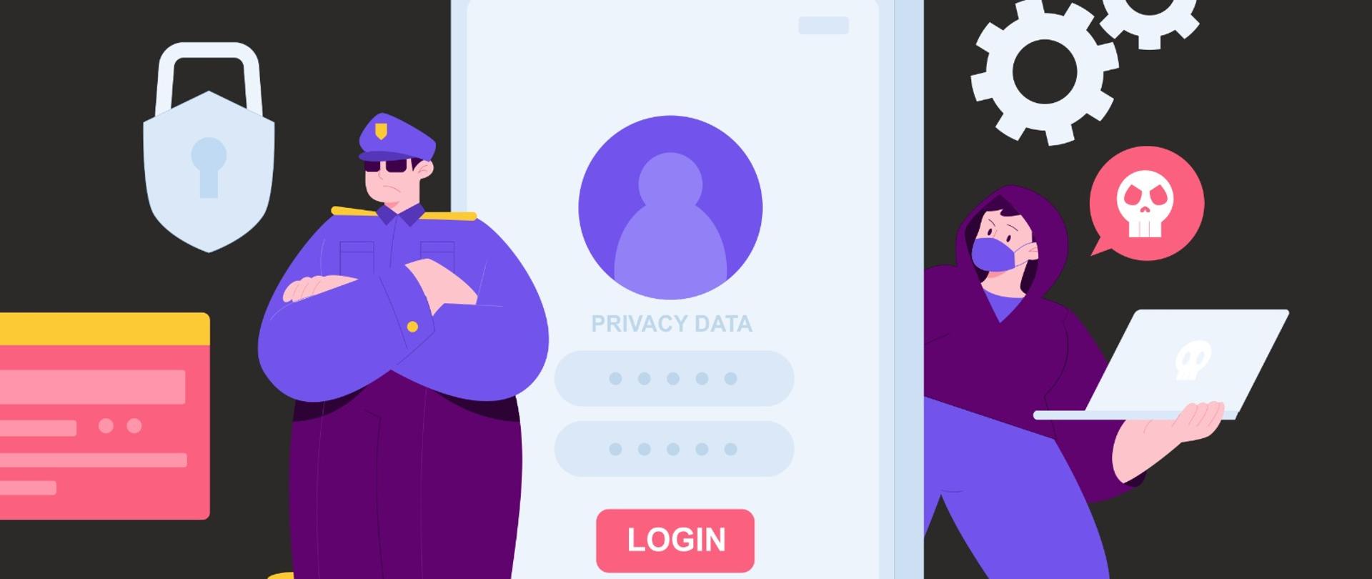 Grafika przedstawia hakera z laptopem próbującego wykraść dostęp do danych. 