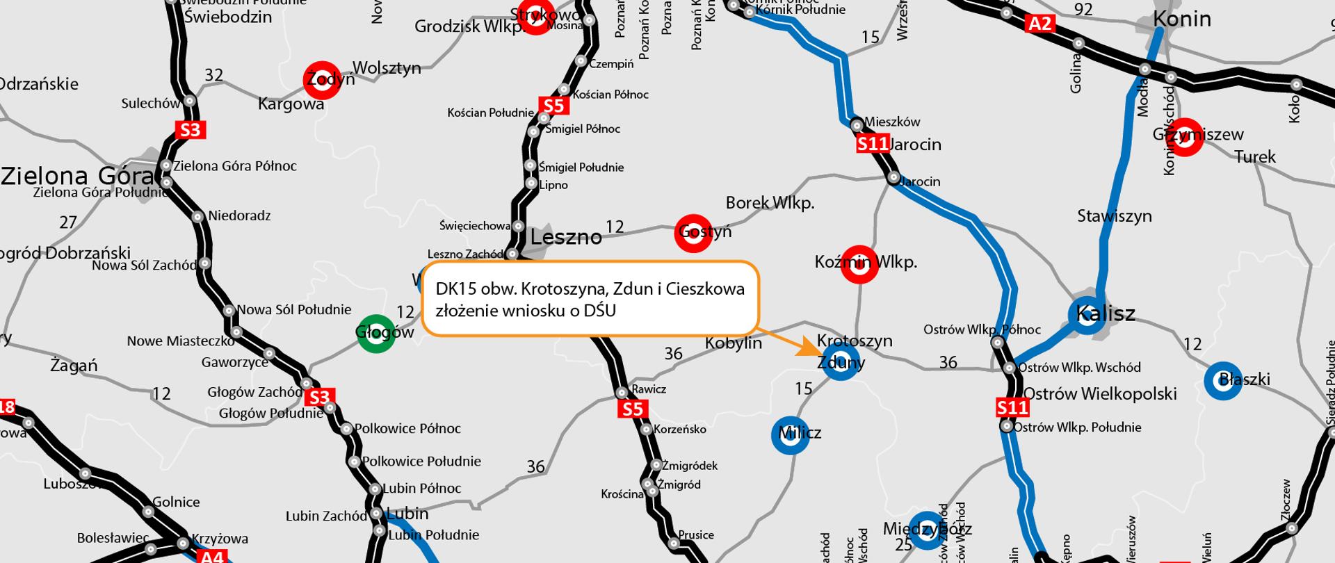 Fragment mapy Polski z zaznaczoną obwodnicą Krotoszyna, Zdun i Cieszkowa