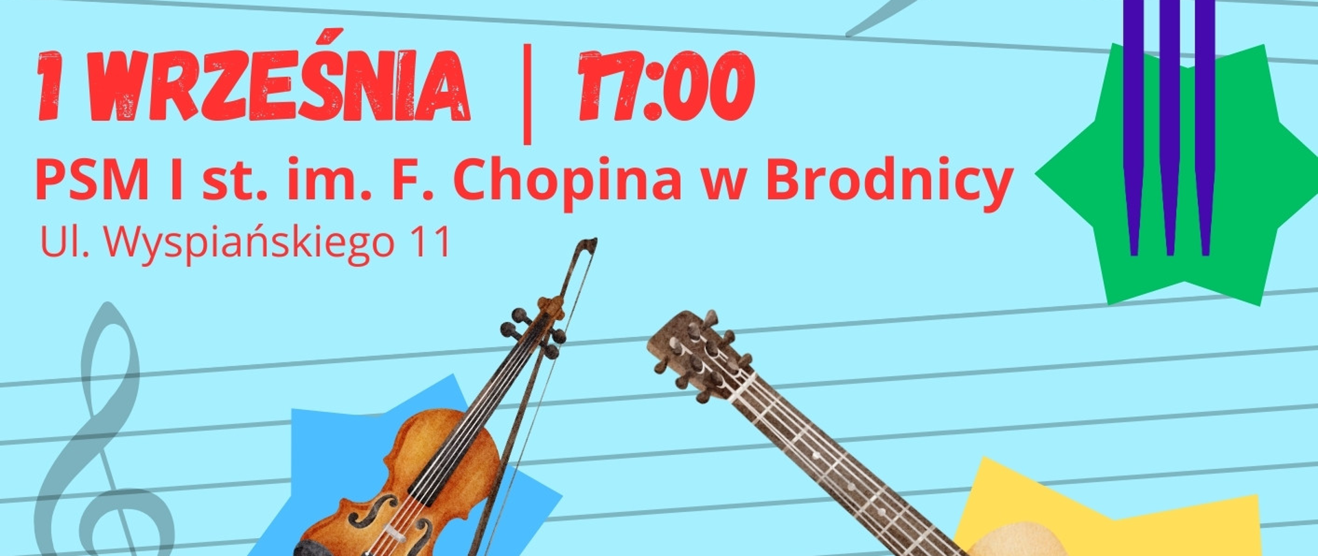 Plakat z informacją o rozpoczęciu roku szkolnego 2025/2026 w dniu 1 września, o godzinie 17:00 w sali koncertowej 