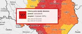 Mapa Polski z zaznaczonym powiatem ostrowiecki i III stopniem zagrożenia
