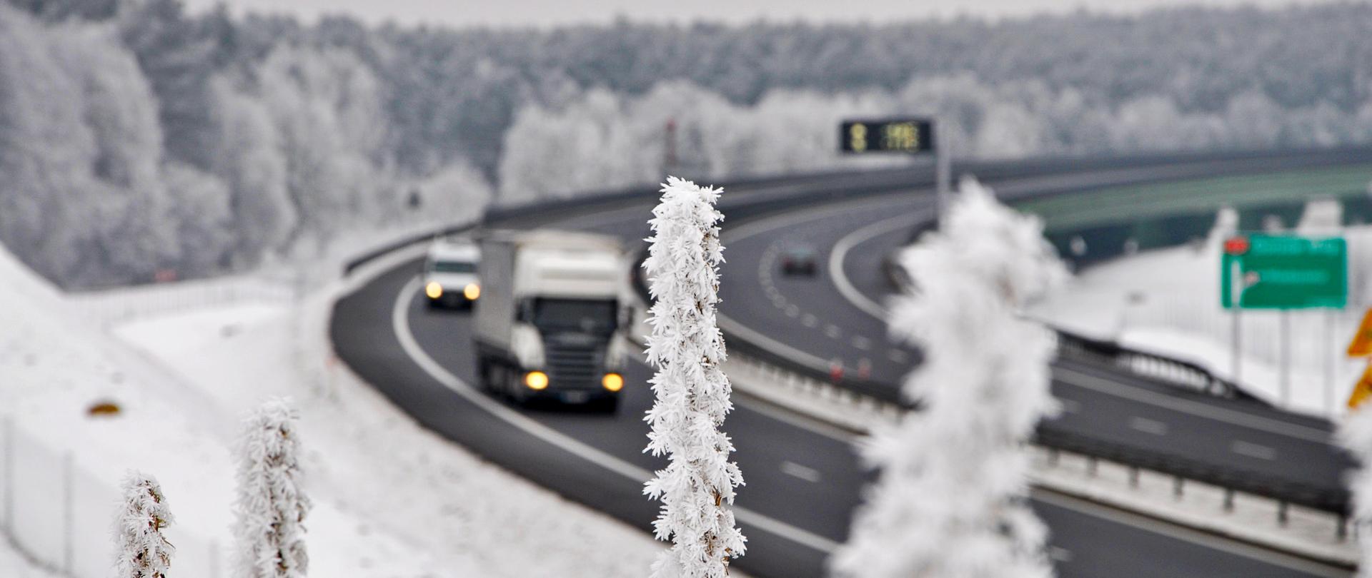 Zdjęcie przedstawia zakręt na drodze ekspresowej S3. Nawierzchnia drogi jest odśnieżona i czarna. Po drodze poruszają się różne pojazdy. Cały teren poza drogą pokryty jest warstwą śniegu. Na pierwszym planie roślina pokryta gęsto szronem.
