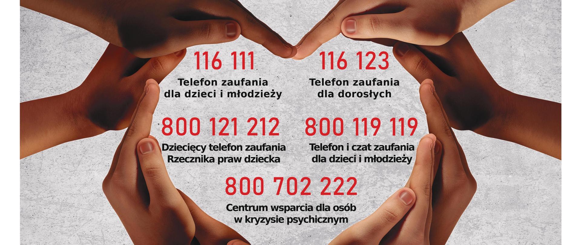 plakat, splecione dłonie i numery telefonów dla dzieci i młodzieży w kryzysie psychicznym