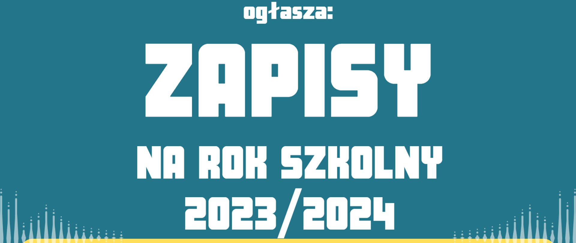 Plakat informujący o rekrutacji na rok szkolny 2023/2024. W kolorze turkusowym i żółtym. Wyszczególnione instrumenty oraz dane kontaktowe szkoły. Grafika kolorowa przedstawiająca instrumenty muzyczne. U góry logo szkoły.