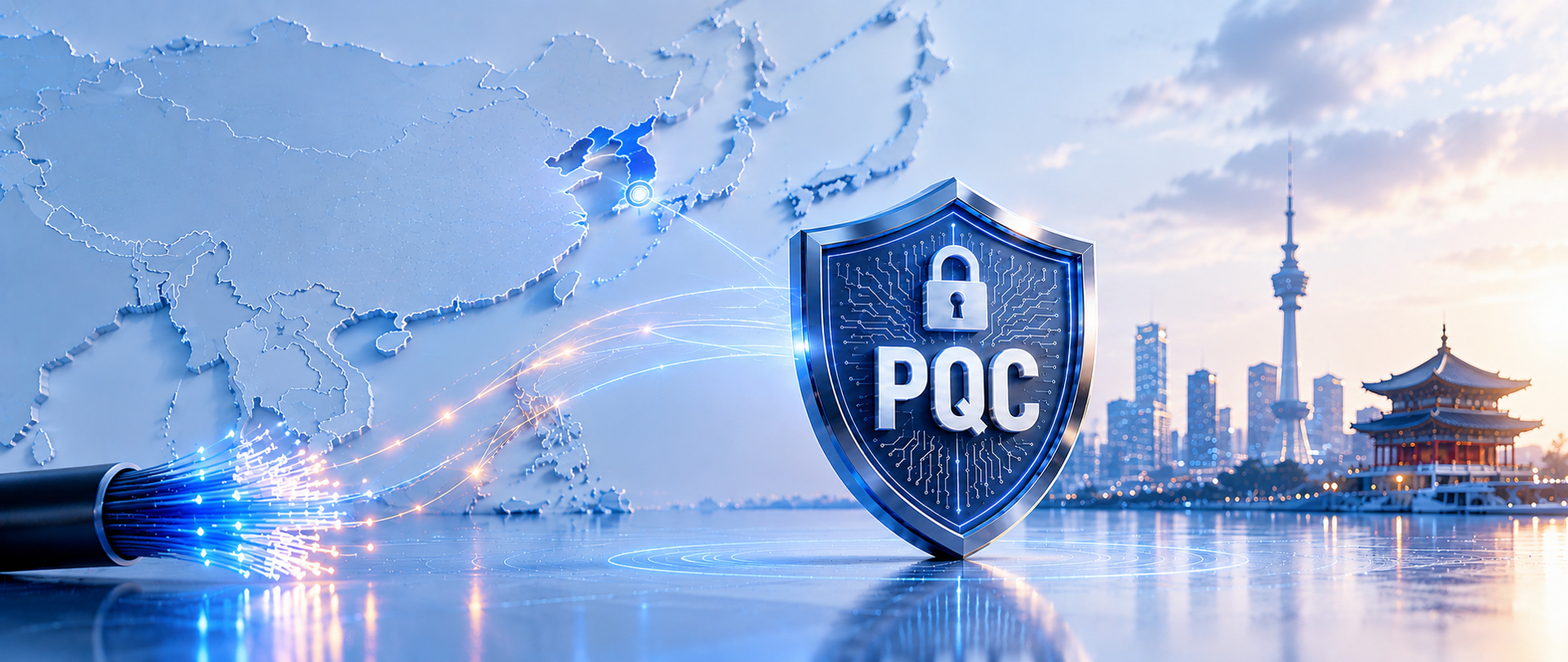 Ilustracja przedstawia futurystyczną scenę związaną z cyberbezpieczeństwem i kryptografią postkwantową. Na pierwszym planie znajduje się duża niebieska tarcza z napisem „PQC” i symbolem kłódki. W tle widoczna jest stylizowana mapa Azji z wyróżnioną Koreą Południową, połączoną świetlną linią z tarczą. Z lewej strony wychodzi wiązka światłowodów symbolizująca transmisję danych. Po prawej stronie znajduje się panorama nowoczesnego miasta z wieżowcami oraz tradycyjnym budynkiem w stylu azjatyckim. Całość utrzymana jest w jasnej, niebiesko-białej kolorystyce, podkreślającej nowoczesne technologie, bezpieczeństwo cyfrowe i rozwój infrastruktury telekomunikacyjnej.