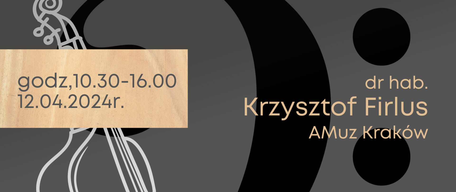 z lewej strony biała grafika kontrabasu, w centralnej części klucz basowy, poniżej logo szkoły muzycznej, całość na brązowym tle