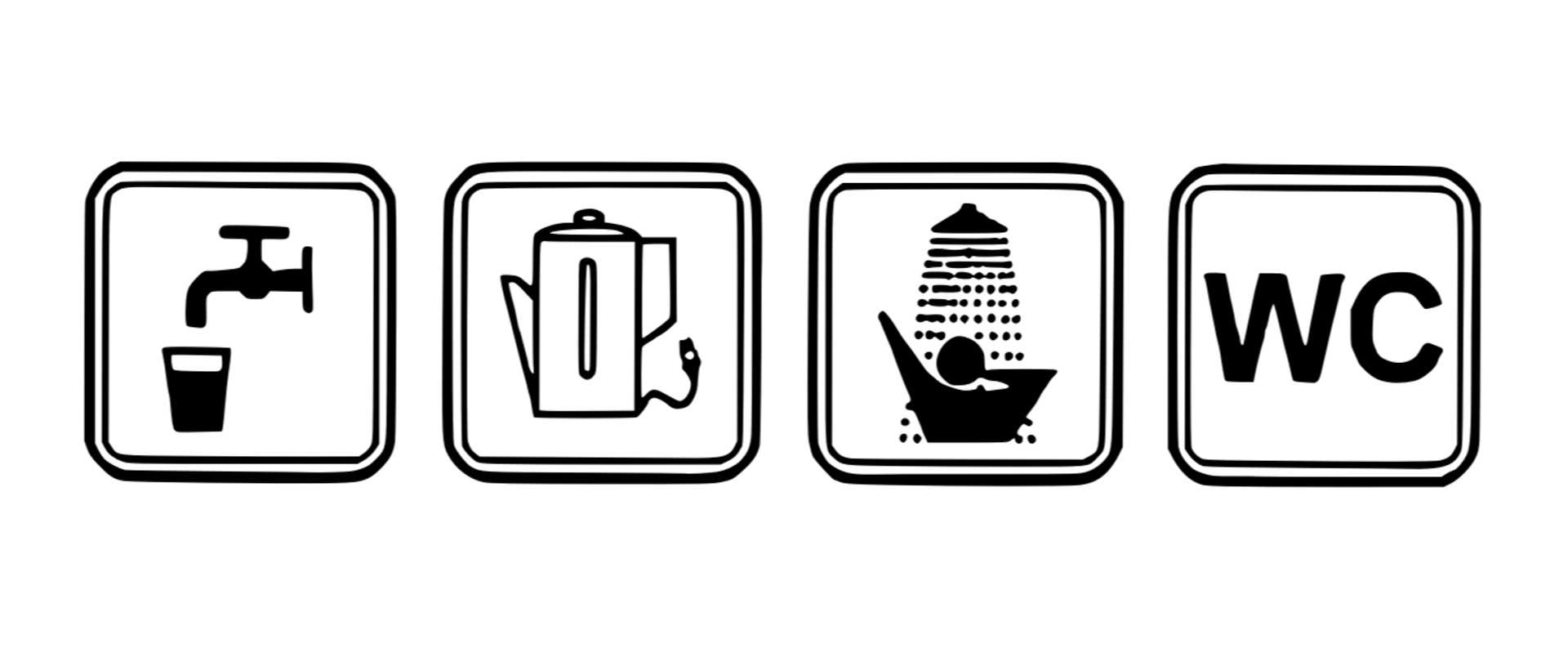 Ikony nieprzekreślone kran, czajnik, prysznic, wc.