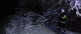 Na zdjęciu widoczny strażak w ubraniu specjalnym koloru czarnego w białym hełmie podczas działań związanych z usuwaniem skutków opadów śniegu i wiatru. Na zaśnieżonej drodze znajduje się powalone drzewo, które strażak usuwania z drogi tnąc pilarką do drewna gałęzie.