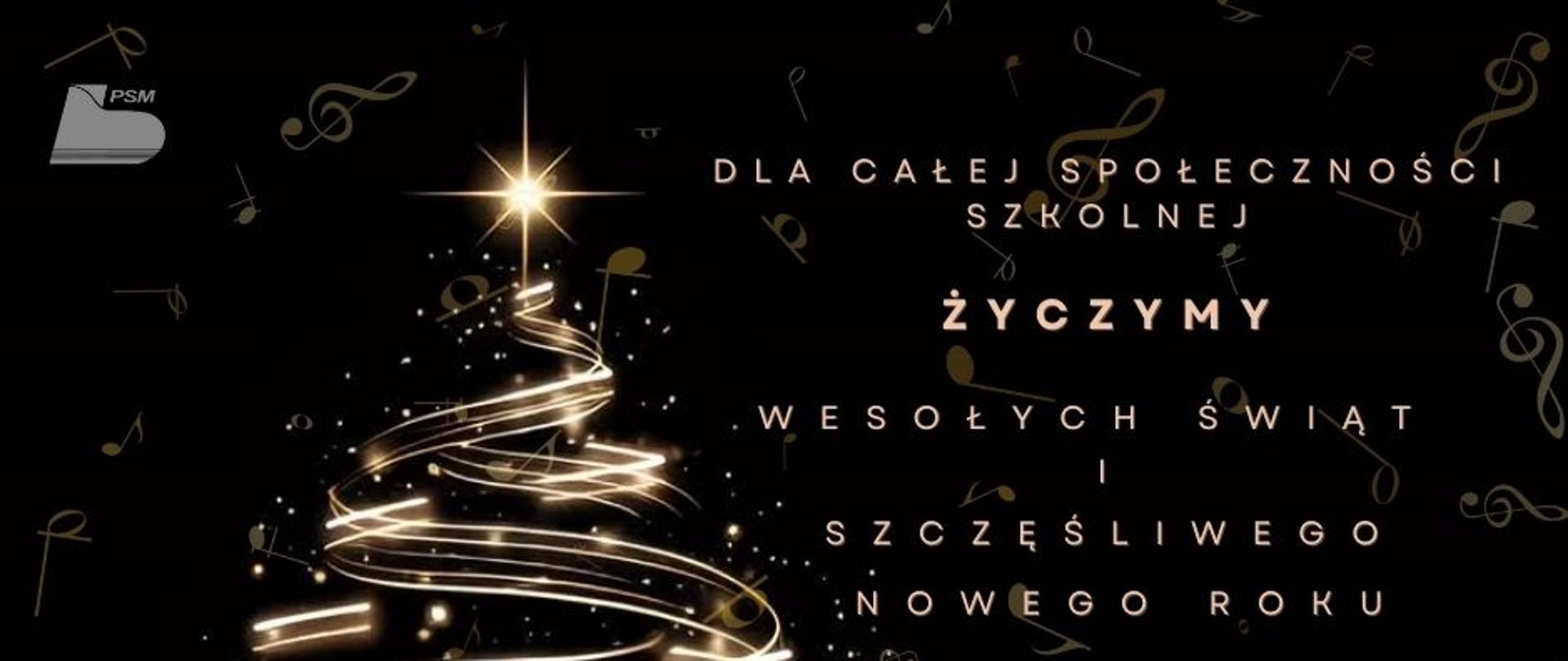 Czarne tło, złote nuty i litery, po lewej stronie złota choinka.