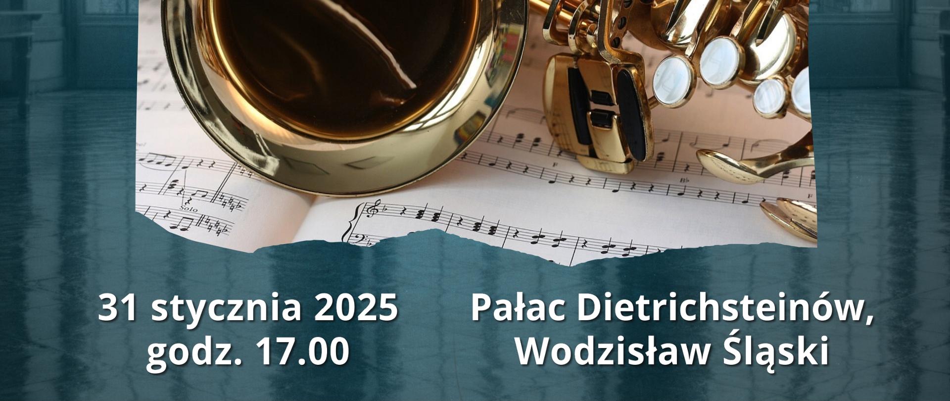 Plakat z logo szkoły, logo Muzeum w Wodzisławiu Śląskim i logo Pałacu Dietrichsteinów, z napisem 31 stycznia 2025 godz 17:00