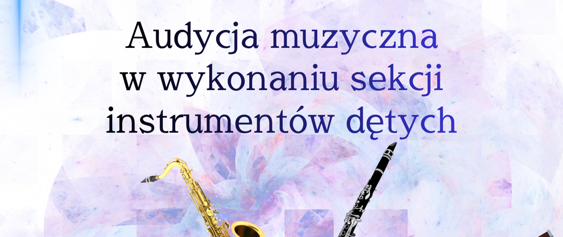 Plakat informujący o audycji muzycznej w wykonaniu sekcji instrumentów dętych Zespołu Szkół Muzycznych im. Stanisława Moniuszki w Wałbrzychu. Na jasnym, abstrakcyjnym tle z fioletowymi i błękitnymi akcentami umieszczono zdjęcia instrumentów: saksofonu, klarnetu, fagotu, fletu poprzecznego, puzonu oraz trąbki. W górnej części znajduje się jubileuszowe logo 80-lecia szkoły (1945–2025). Wydarzenie odbędzie się 9 marca 2026 roku o godzinie 17:00 w auli szkoły przy ulicy Moniuszki 41.