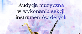 Plakat informujący o audycji muzycznej w wykonaniu sekcji instrumentów dętych Zespołu Szkół Muzycznych im. Stanisława Moniuszki w Wałbrzychu. Na jasnym, abstrakcyjnym tle z fioletowymi i błękitnymi akcentami umieszczono zdjęcia instrumentów: saksofonu, klarnetu, fagotu, fletu poprzecznego, puzonu oraz trąbki. W górnej części znajduje się jubileuszowe logo 80-lecia szkoły (1945–2025). Wydarzenie odbędzie się 9 marca 2026 roku o godzinie 17:00 w auli szkoły przy ulicy Moniuszki 41.