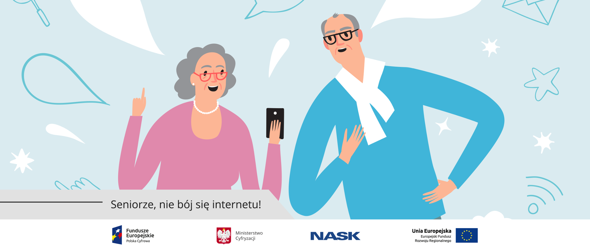 Grafika. Babcia i dziadek wpatrzeni w ekran smartfona. Poniżej napis: Seniorze, nie bój się internetu!