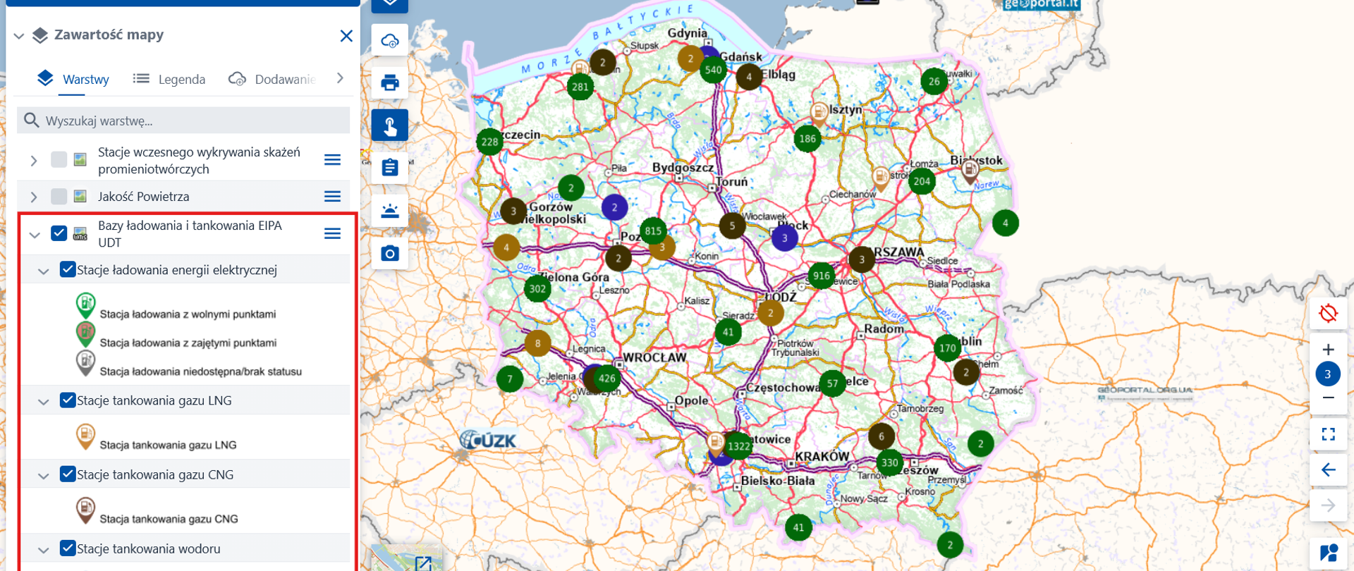 Ogólne rozmieszczenie stacji ładowania pojazdów elektrycznych oraz stacji tankowania paliw alternatywnych na mapie.