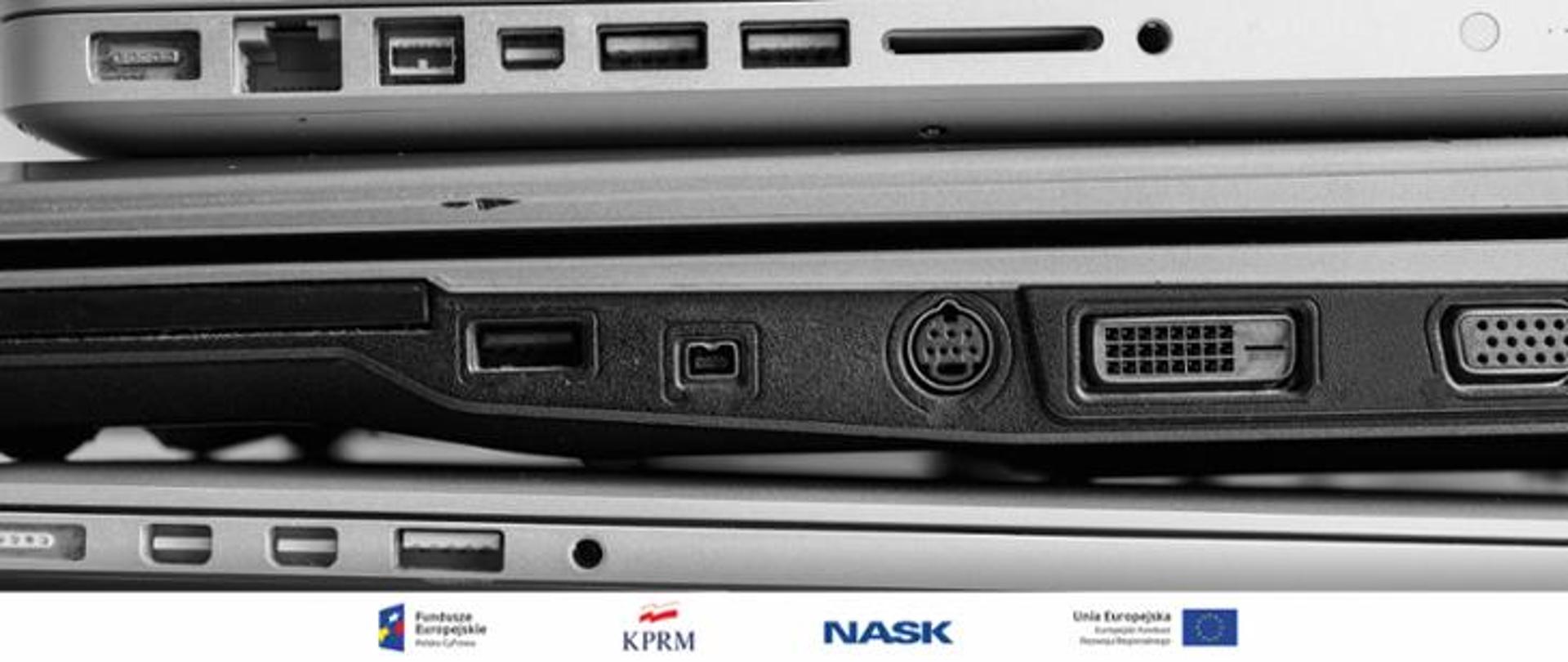 Na zdjęciu widać zamkniętego laptopa z boku i porty do wtyczek m.in usb