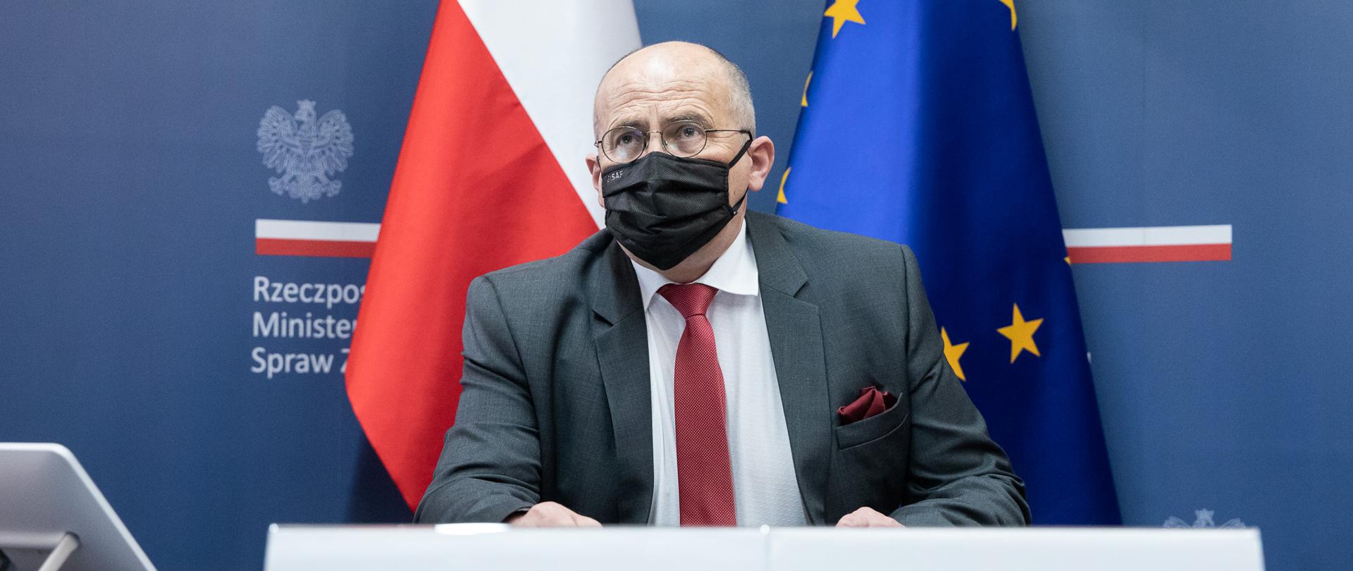 2021.04.19 Warszawa . Minister Zbigniew Rau . Wideokonferencja . FAC Luksemburg .Fot. Tymon Markowski / MSZ