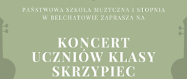 Panorama przedstawia biały napis na jasnozielonym tle "Państwowa Szkoła Muzyczna I stopnia w Bełchatowie zaprasza na Koncert Uczniów Klasy Skrzypiec".