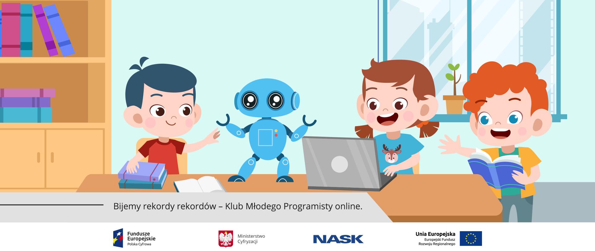 Grafika przedstawiająca troje dzieci siedzące przy biurku, na którym stoi laptop i robot.