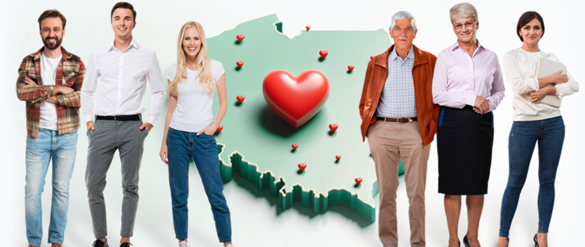 Grupa ludzi w różnym wieku na tle mapy Polski z czerwonym sercem pośrodku