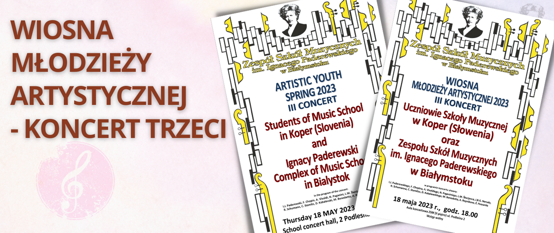 Różowo-fioletowa grafika z bordowym napisem "WIOSNA MŁODZIEŻY ARTYSTYCZNEJ - KONCERT DRUGI", po prawej stronie miniatury plakatów zapraszających na koncert w języku polskim i angielskim.