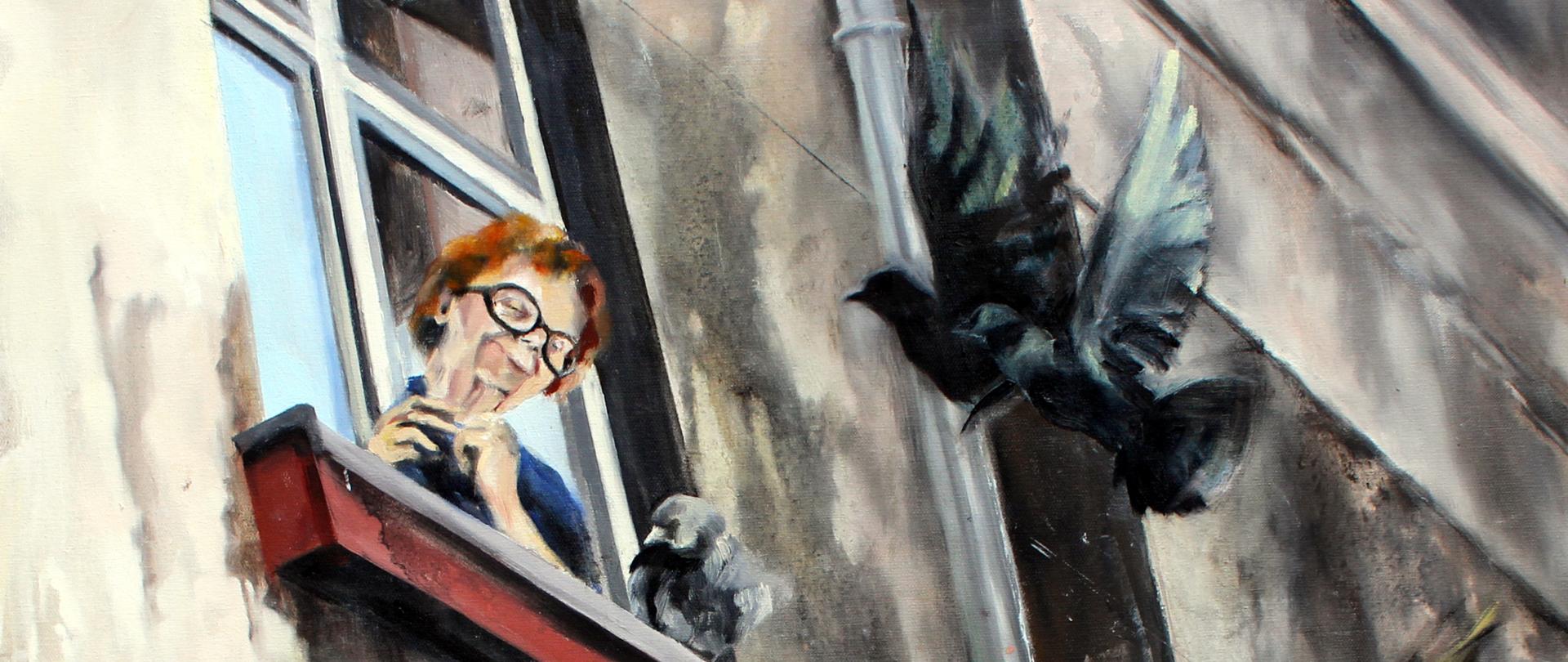 Obraz. Postać wyglądająca przez okno.