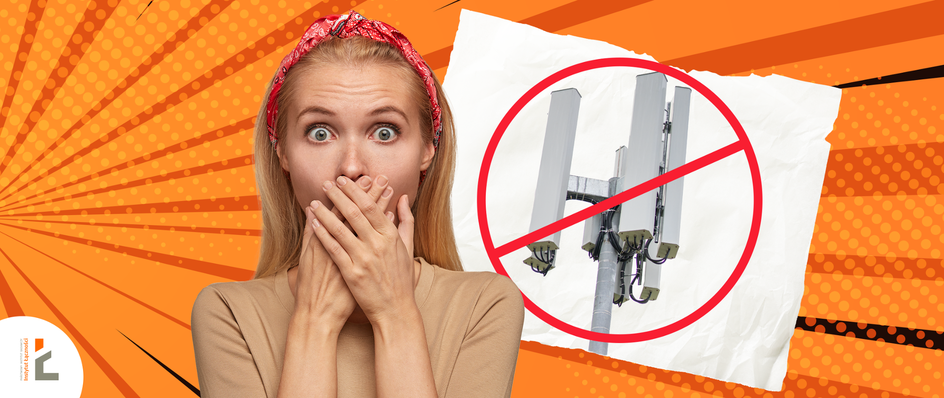 Zdjęcie przedstawia wystraszoną kobietę oraz kartkę z przekreślonym masztem telefonii komórkowej.