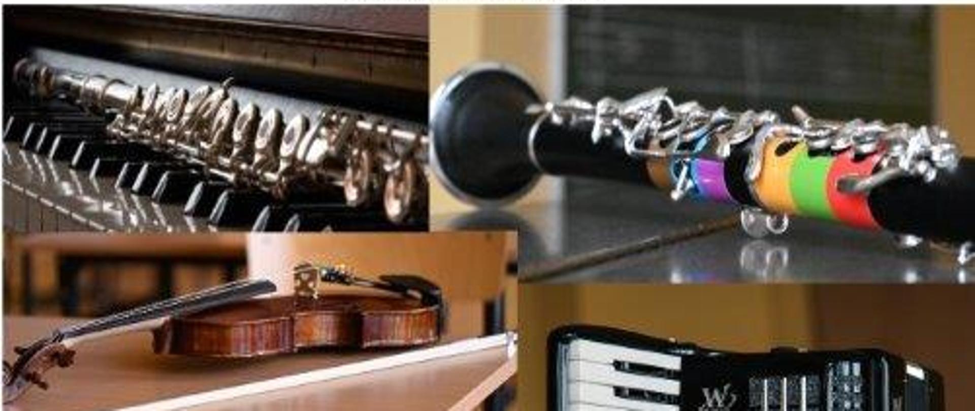 Kolarz instrumentów zakupionych ze środków MKiDN oraz budżetu Miasta Dąbrowa Górnicza: flet, karnet, skrzypce, gitara i akordeon.