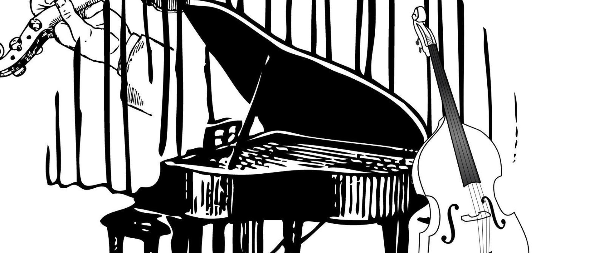 Plakat w kolorystyce czarno-białej informujący o koncercie w dniu 27.06.2024 o godzinie 18:00. Głównym elementem plakatu jest czarno-biała grafika fortepianu , skrzypiec i wiolonczeli. 