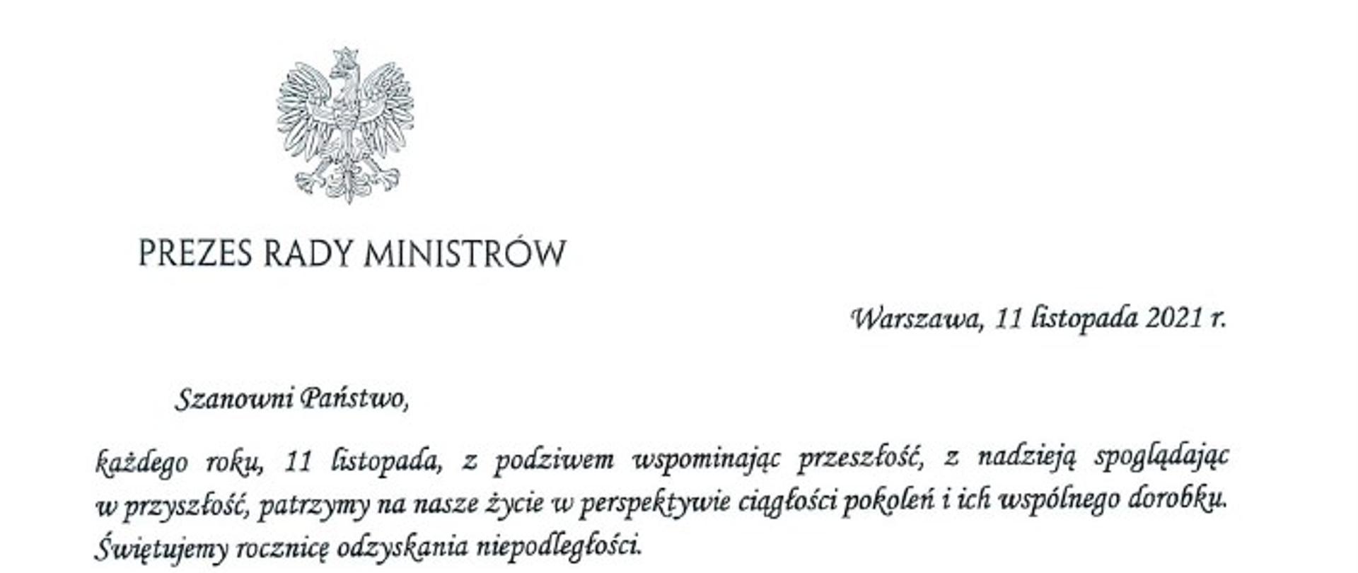 Zdjęcie przedstawia skan listu okolicznościowego Prezesa Rady Ministrów do członków korpusu służby cywilnej