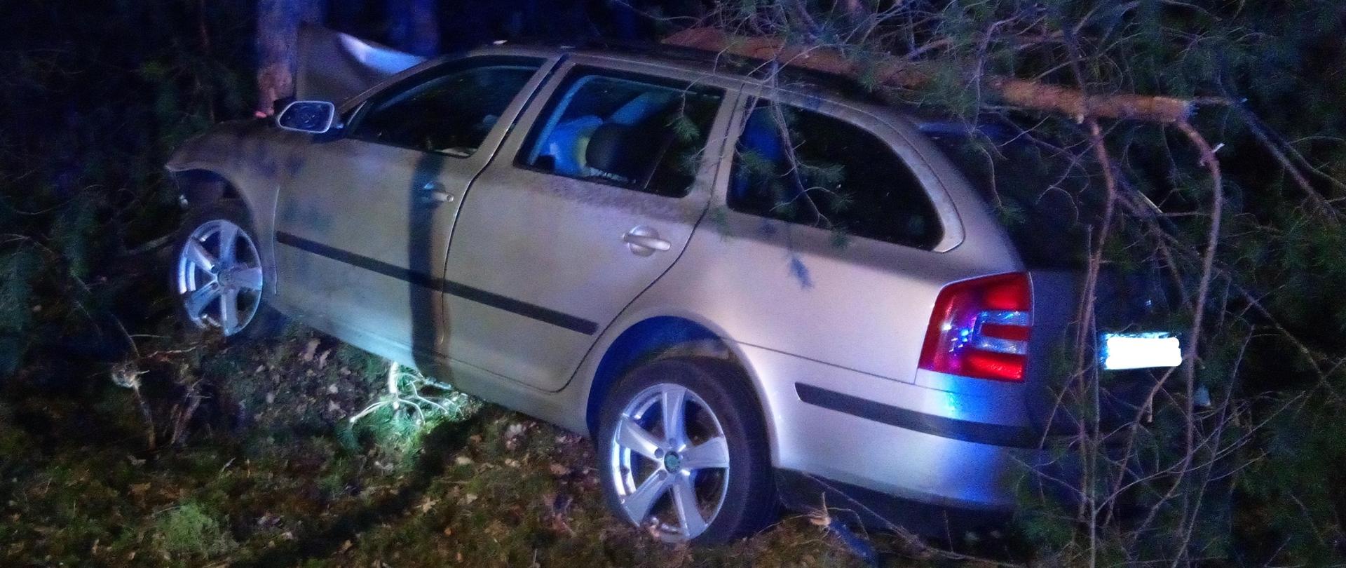 Zdjęcie przedstawia miejsce zdarzenia. Samochód osobowy z rozbitą maską stoi wśród drzew, przed nim duża sosna w którą uderzyło auto.