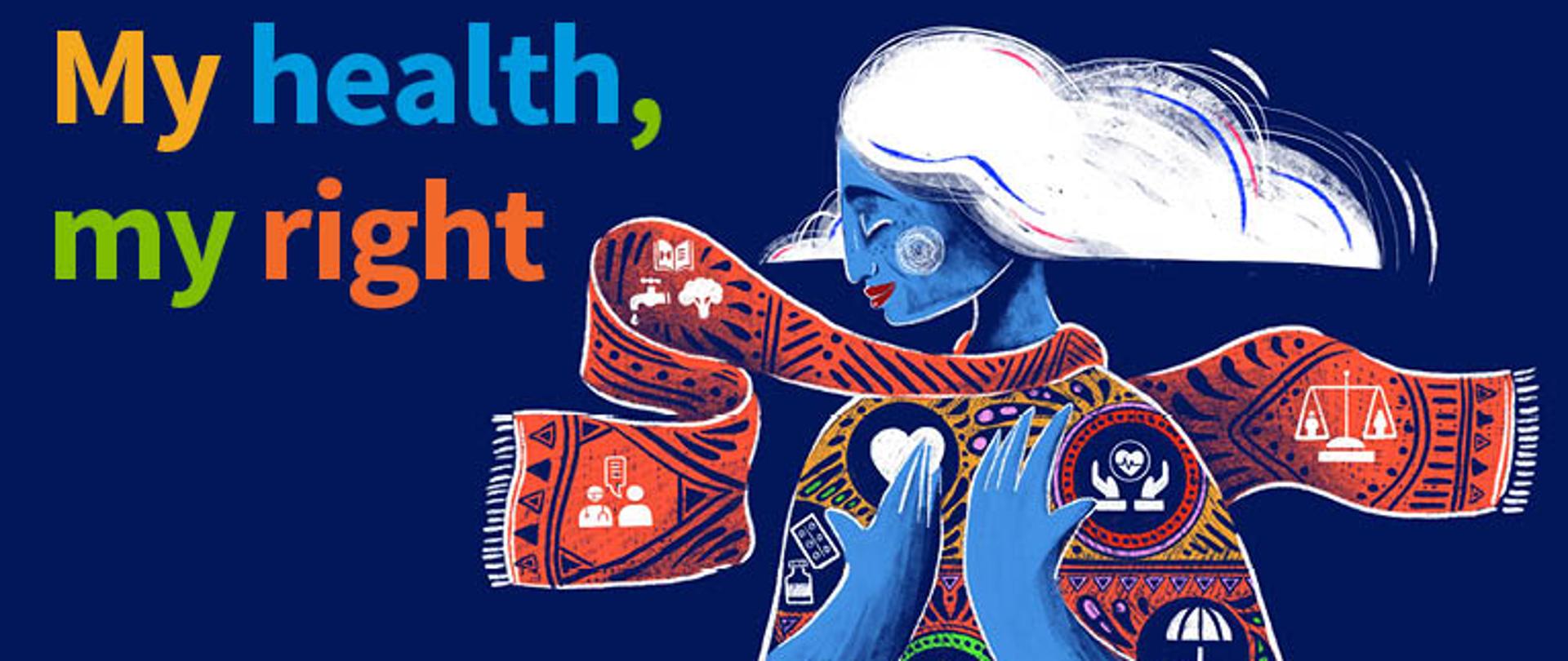 osoba z szalem na tle i napisem: my health, my right