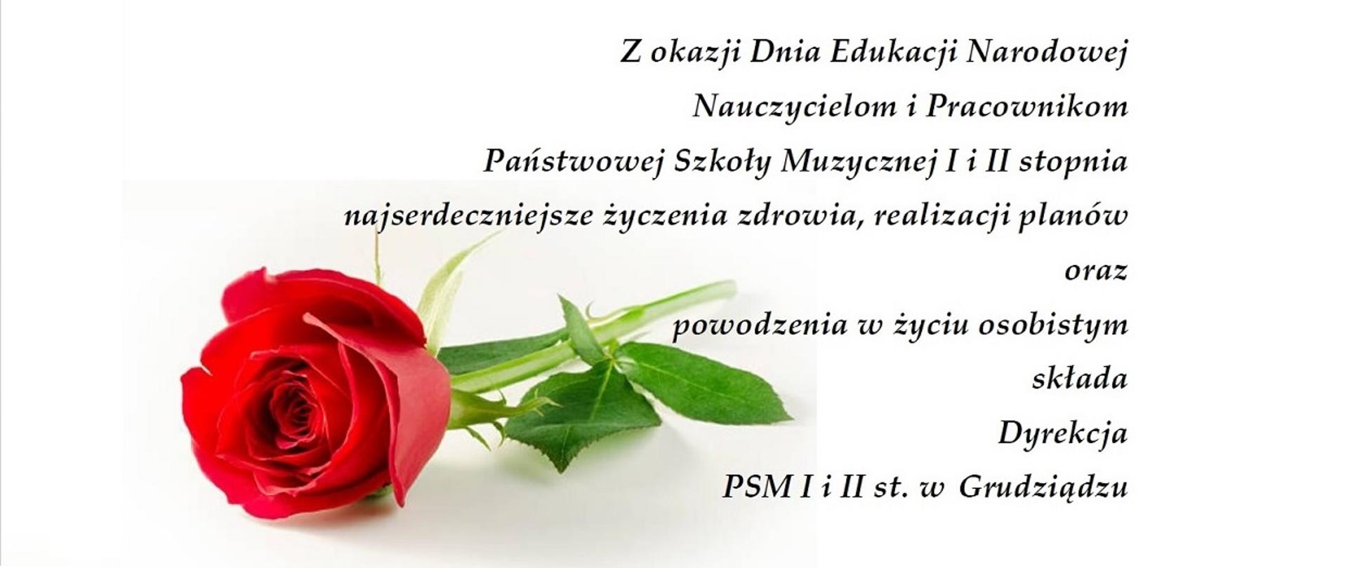 Grafika przedstawiająca czerwoną różę oraz życzenia dla nauczycieli i pracowników szkoły z okazji Dnia Edukacji Narodowej