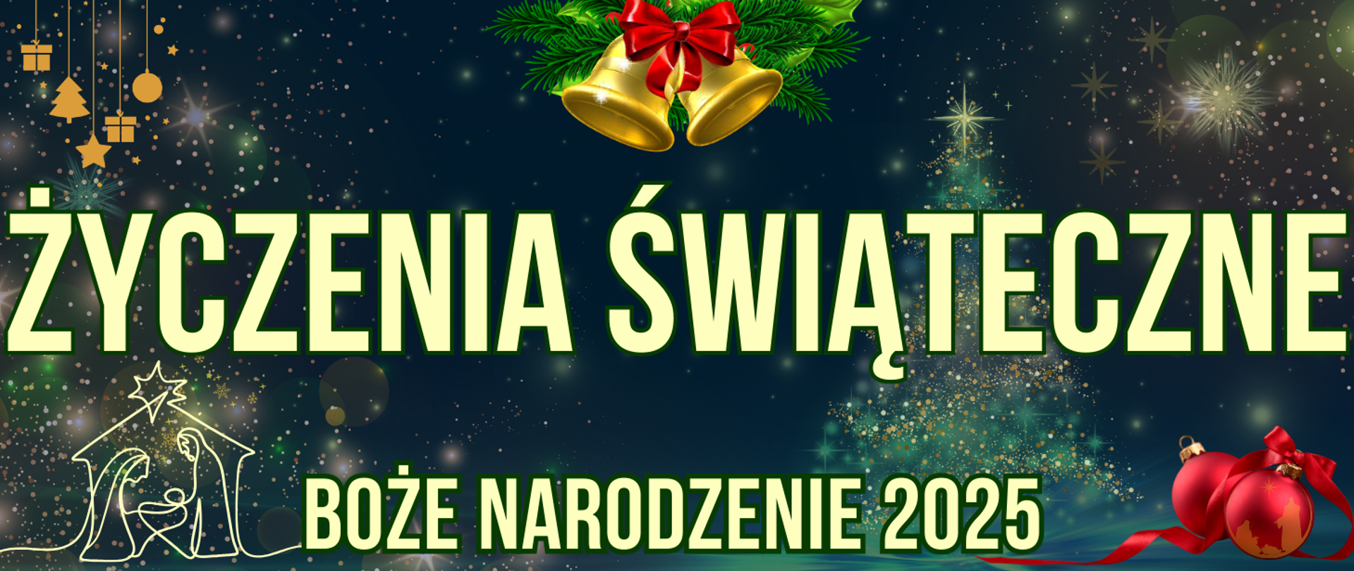 baner z ciemnym świątecznym tłem, dekoracjami świątecznymi oraz informacją o życzeniach