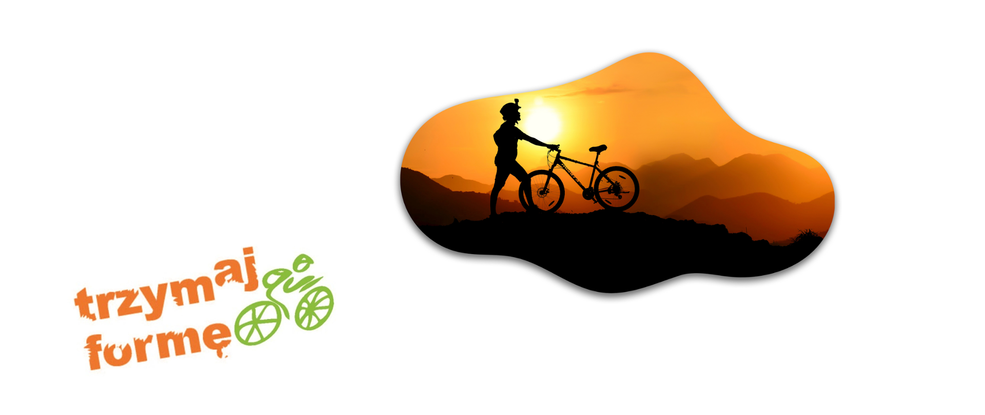 Na grafice w lewym dolnym rogi znajduje się pomarańczowo zielone logo „Trzymaj Formę!”. Po prawej stronie znajduje się chmurka w której widzimy cień osoby z rowerem na szczycie góry. 