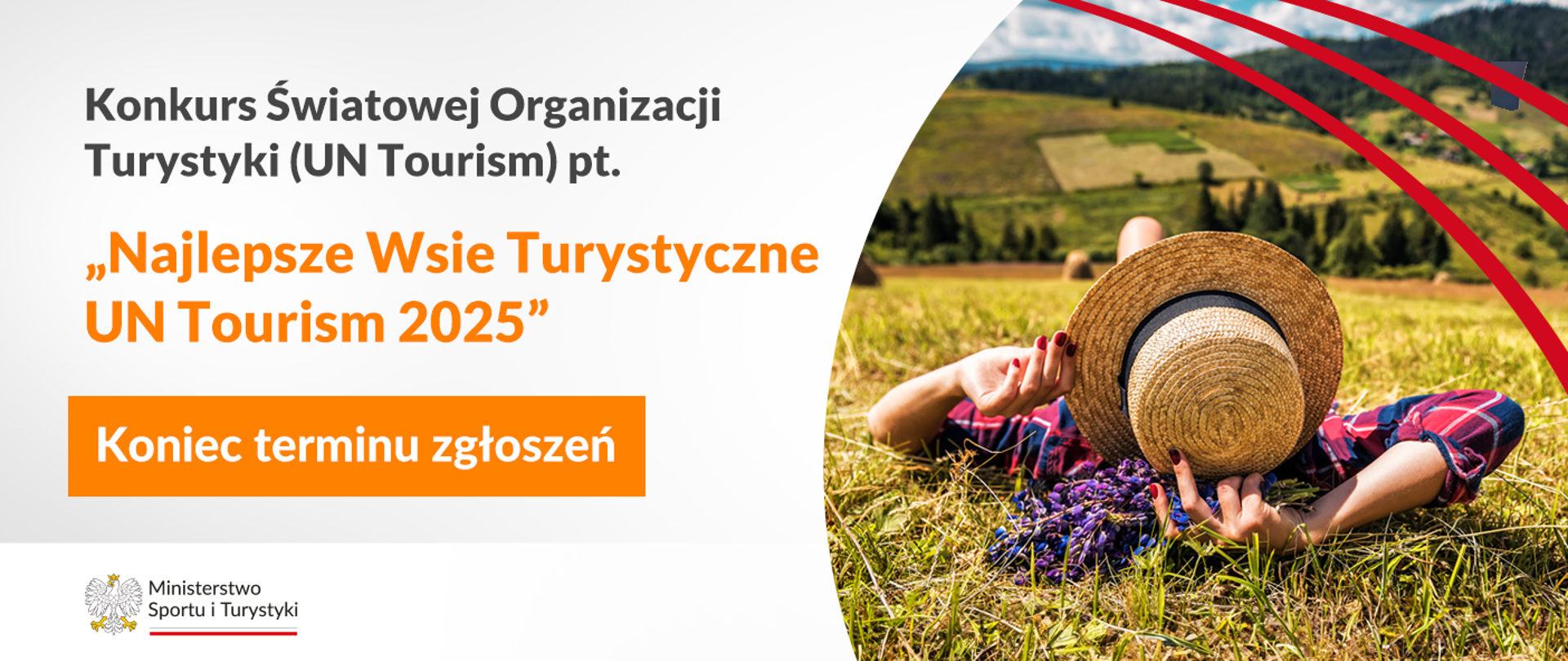 Grafika na konkurs turystyczny. Po prawej stronie leżąca kobieta na trawie, w dolnym lewym rogu logo ministerstwa