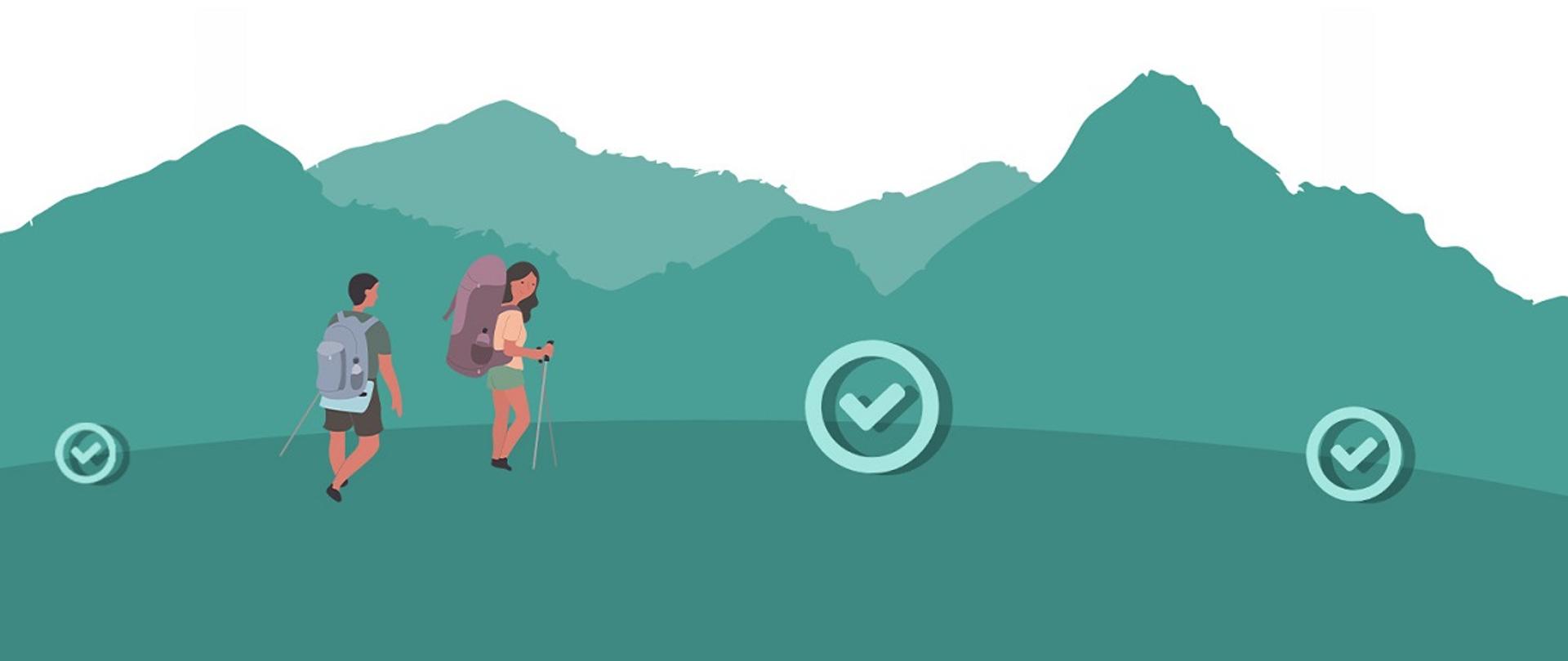 Grafika przedstawiająca turystów w górach - kobietę i mężczyznę z plecakami i kijkami w dłoniach. W tle panorama gór. 