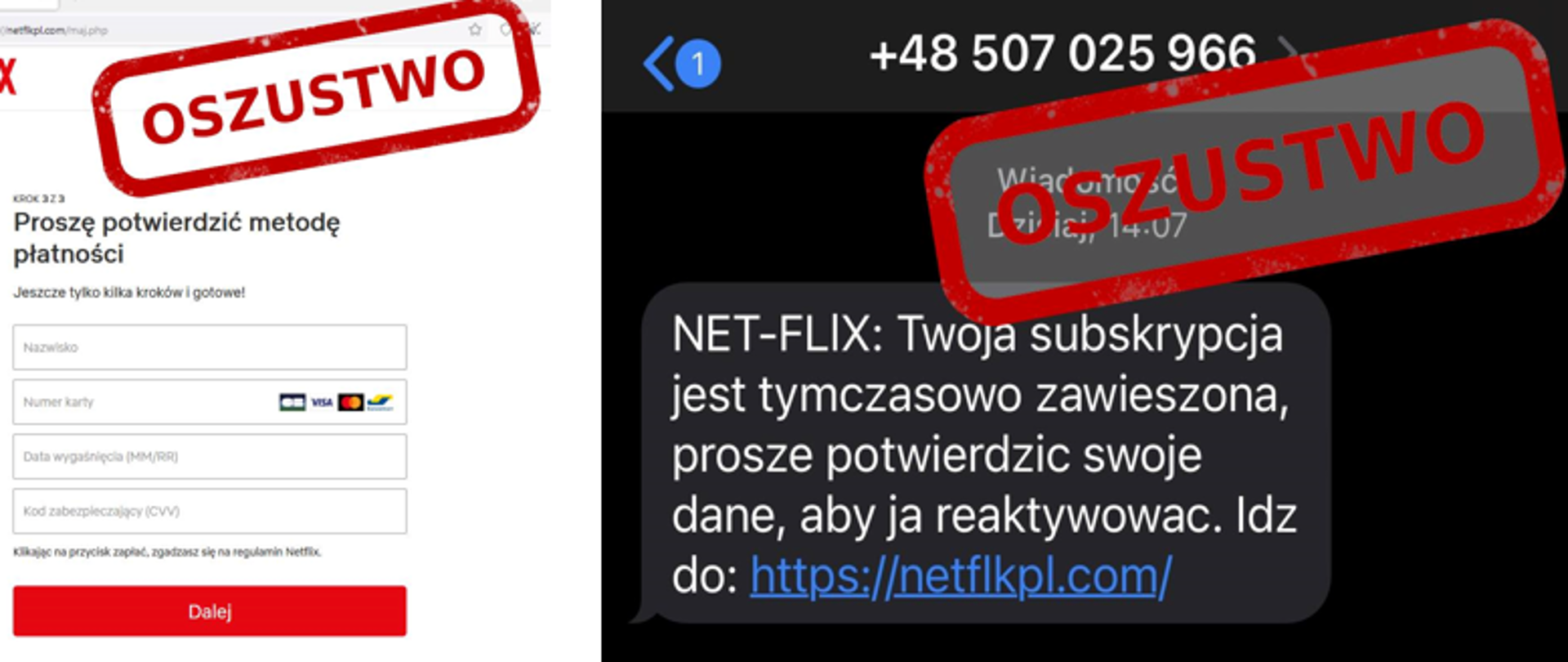 Zdjęcie fałszywej wiadomości SMS o treści NET-FLIX: Twoja subskrypcja jest tymczasowo zawieszona, proszę potwierdzić swoje dane aby ją reaktywować. Idź do: netflkpl.com