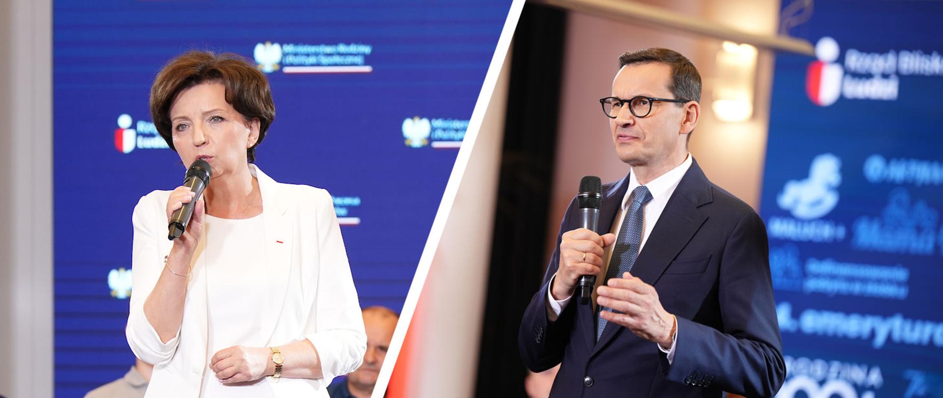 Minister Marlena Maląg oraz Premier Mateusz Morawiecki podczas konferencji Rząd Blisko Ludzi w MRiPS