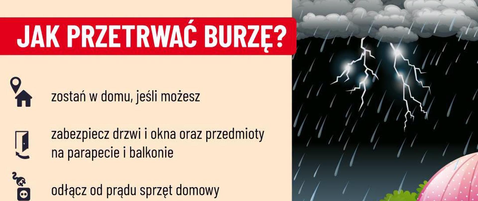 Grafika o charakterze prewejcynym przedstawaiąca zasady zachowania podczas gwałtownych załamań pogodowych.