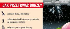 Grafika o charakterze prewejcynym przedstawaiąca zasady zachowania podczas gwałtownych załamań pogodowych.